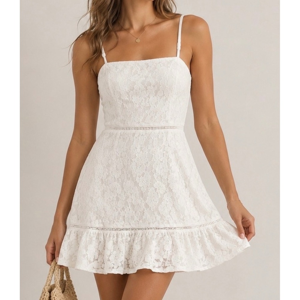 White Floral Lace Mini Dress Adjustable Straps Smocked Back Ruffle Hem White